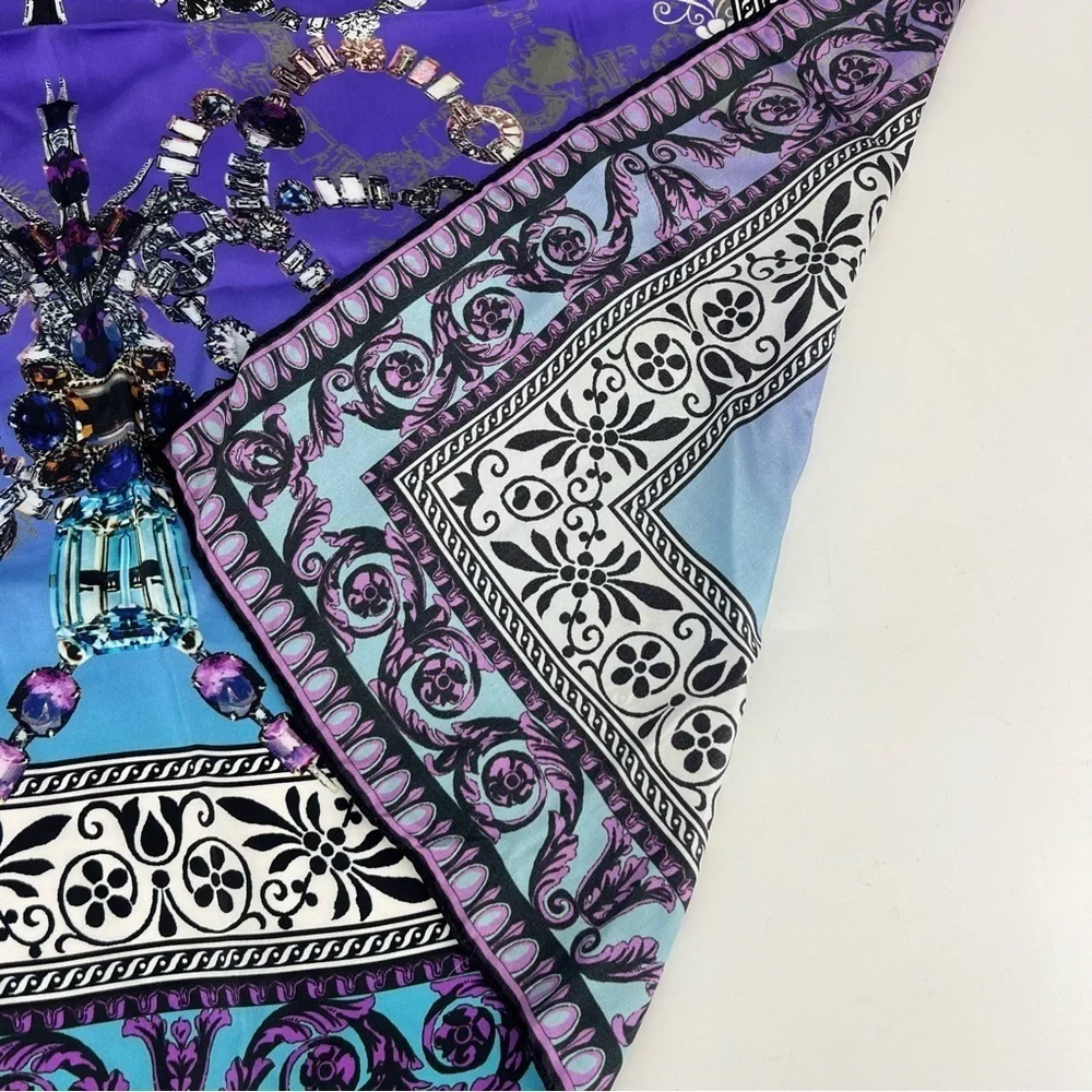 Les Copains Silk Square Scarf Purple Blue Jeweled Graphic
